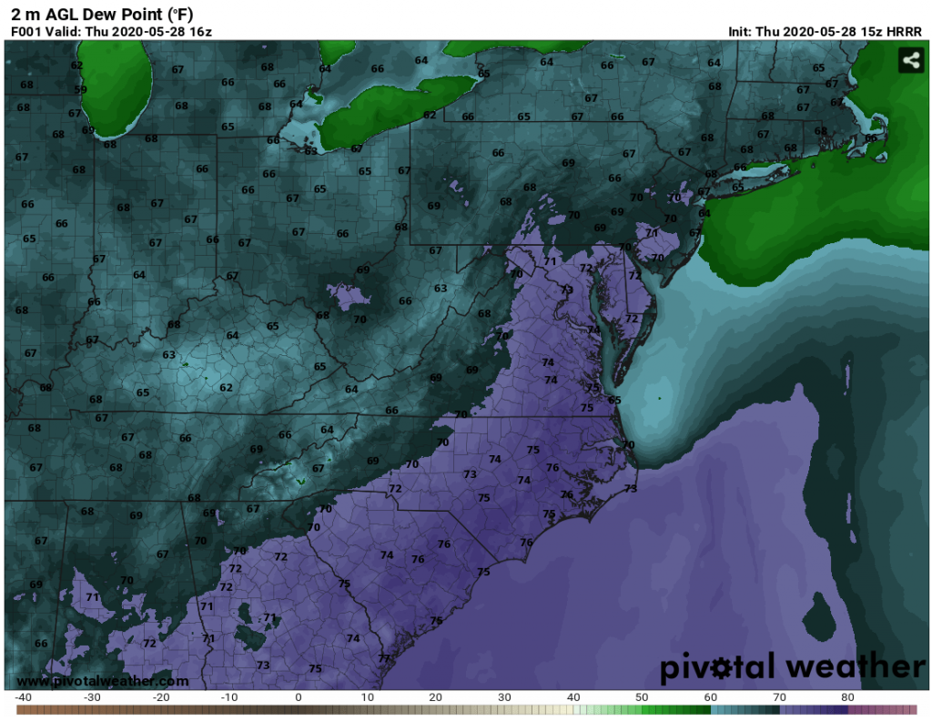 Dew points across Central and Eastern North Carolina, as well as all of South Carolina, are very high.