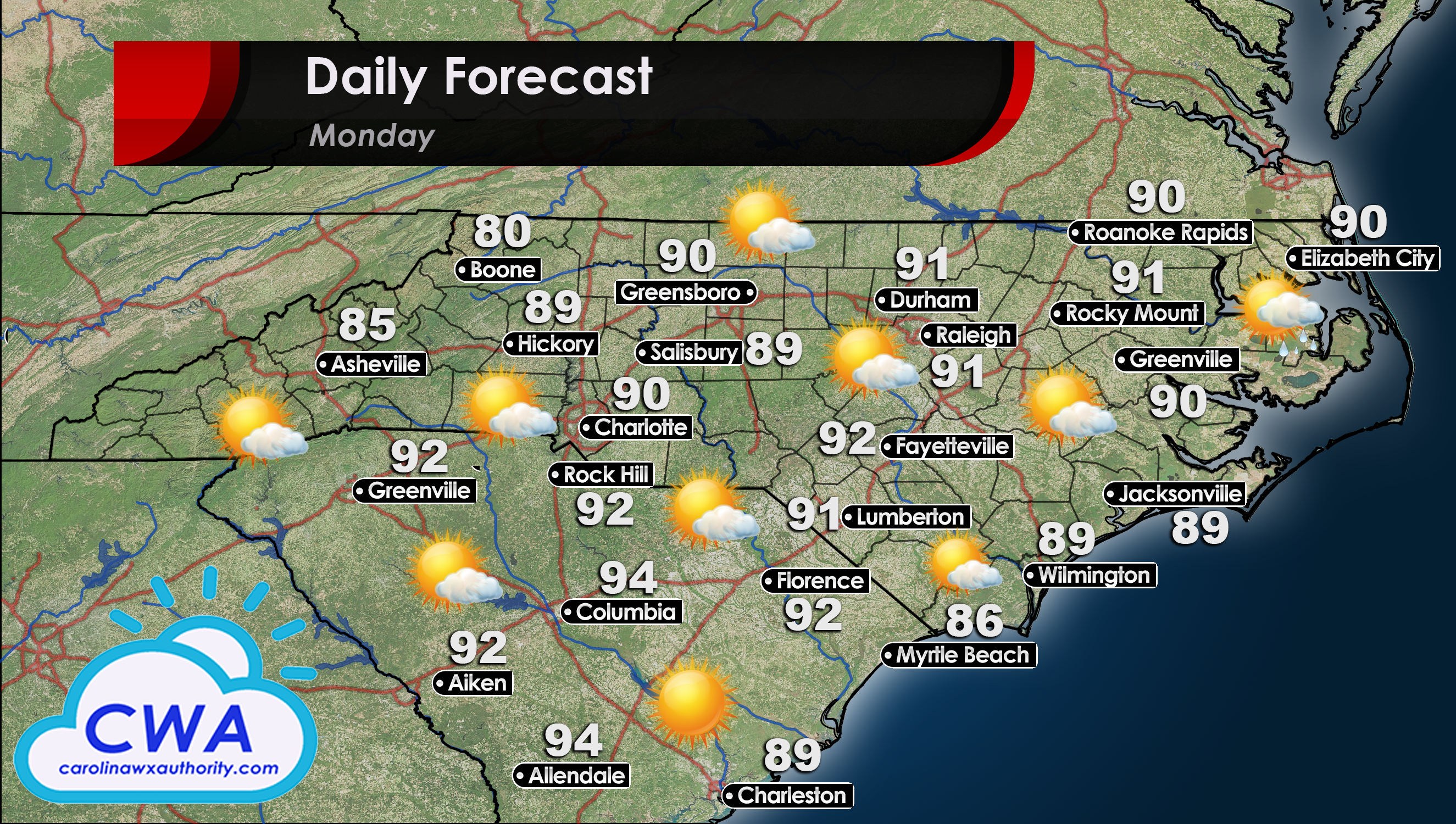 Weather Forecast and High Temperatures for North and South Carolina