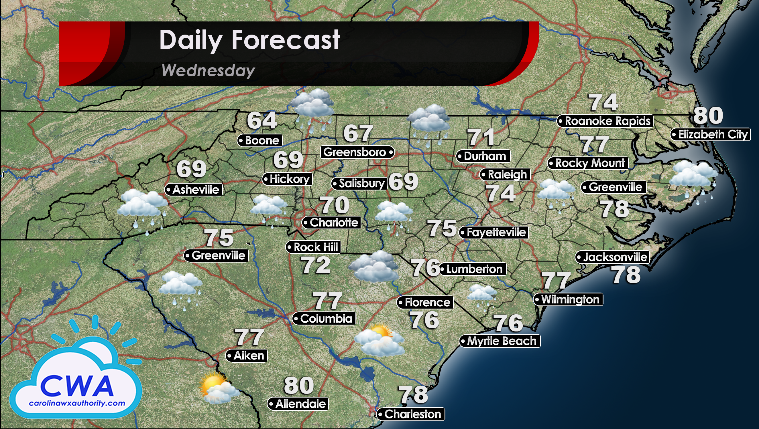 High Temperatures and Weather Forecast for North and South Carolina