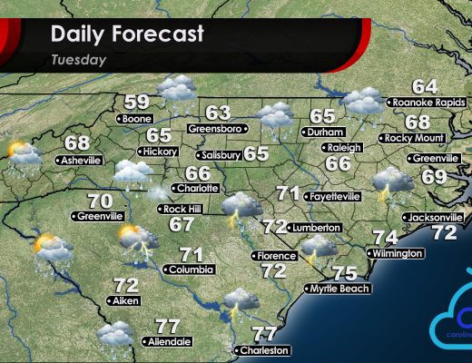Weather forecast and project high temperatures for Tuesday June 16 in the Carolinas