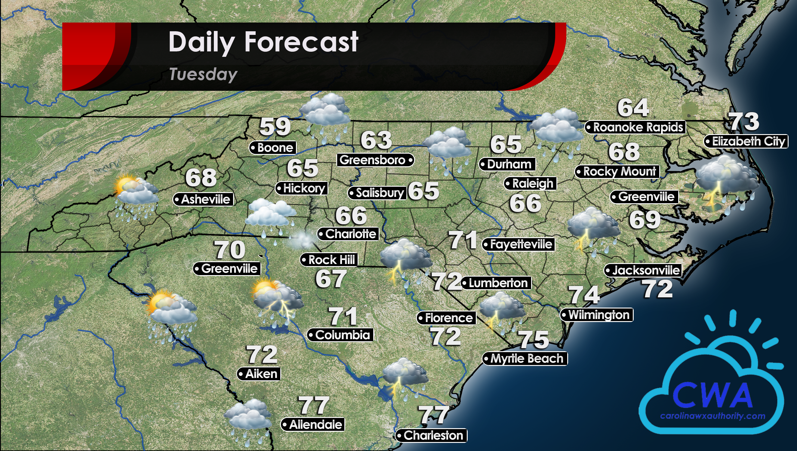 Weather forecast and project high temperatures for Tuesday June 16 in the Carolinas