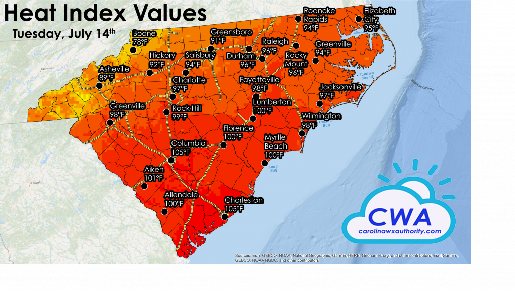 Heat Index values for North Carolina and South Carolina