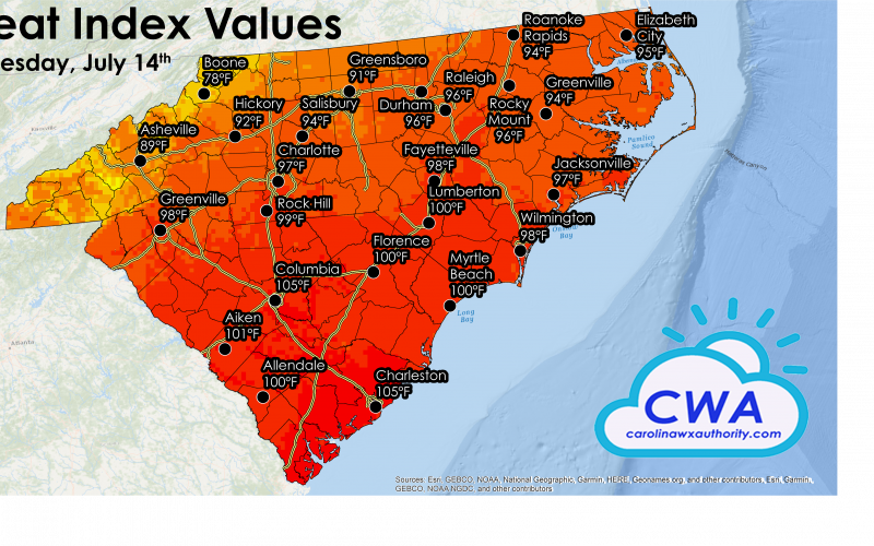 Heat Index values for North Carolina and South Carolina
