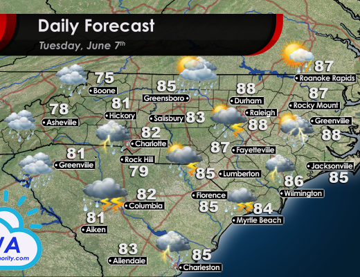 Forecast map showing widespread thundershower activity across the Carolinas